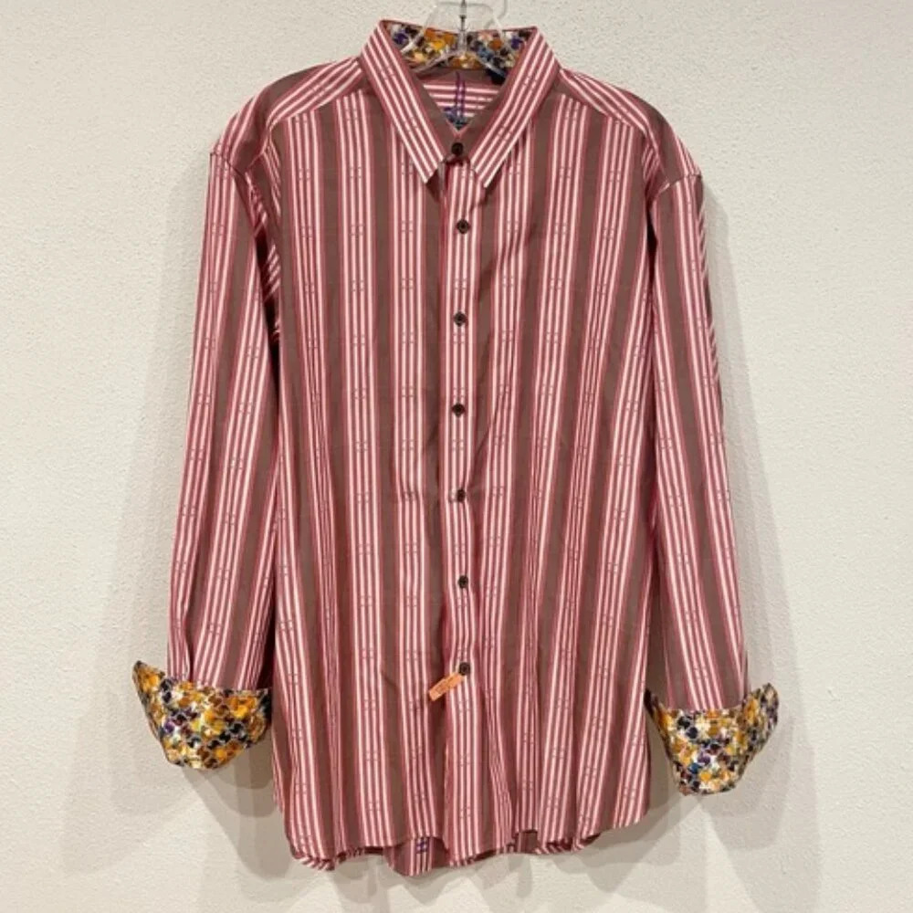 Robert Graham Striped Geometric Cuff Button Down Size Large EUC